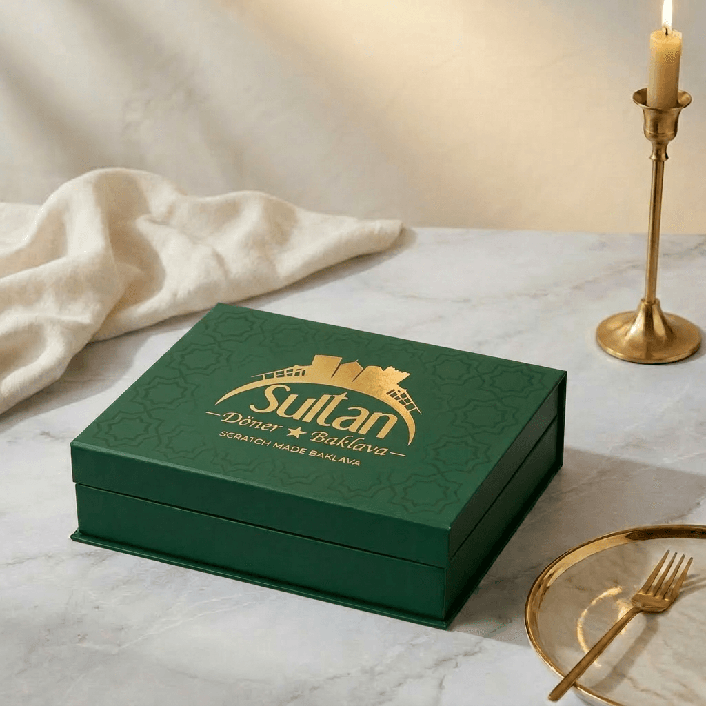 A closed green Sultan Baklava gift box with a gold foil lid, on a marble table beside a lit candle