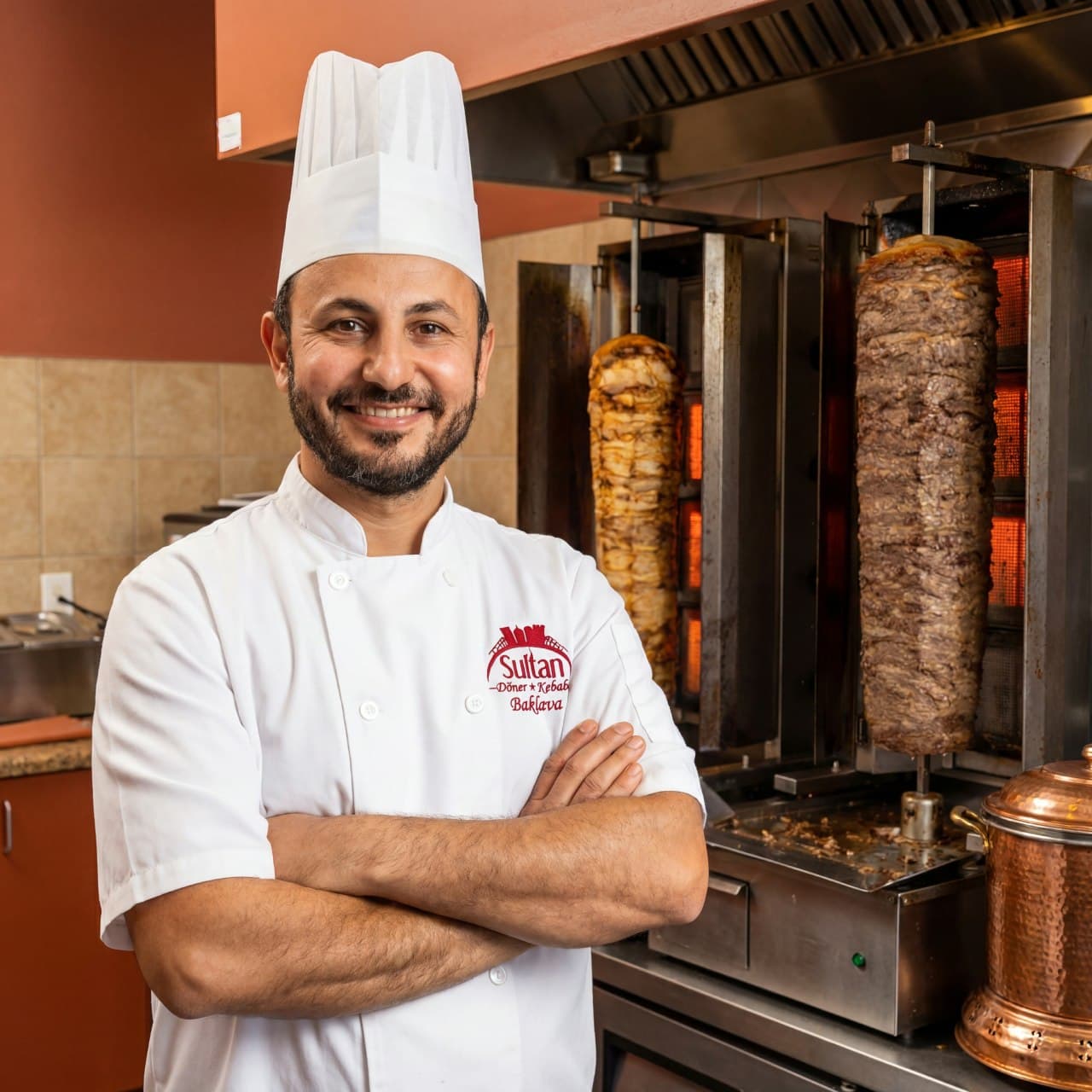 Chef Sultan standing beside the vertical döner spits in his kitchen