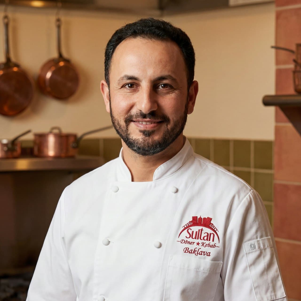 Chef Sultan — Sinan Camozu — in his chef's whites in the kitchen at 133 6th Street