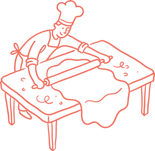 Line doodle of a baker rolling thin phyllo with a long oklava pin