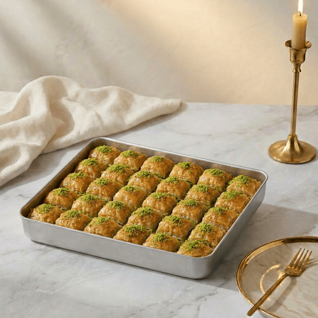 A stainless-steel wholesale tray filled with pistachio baklava on a marble table