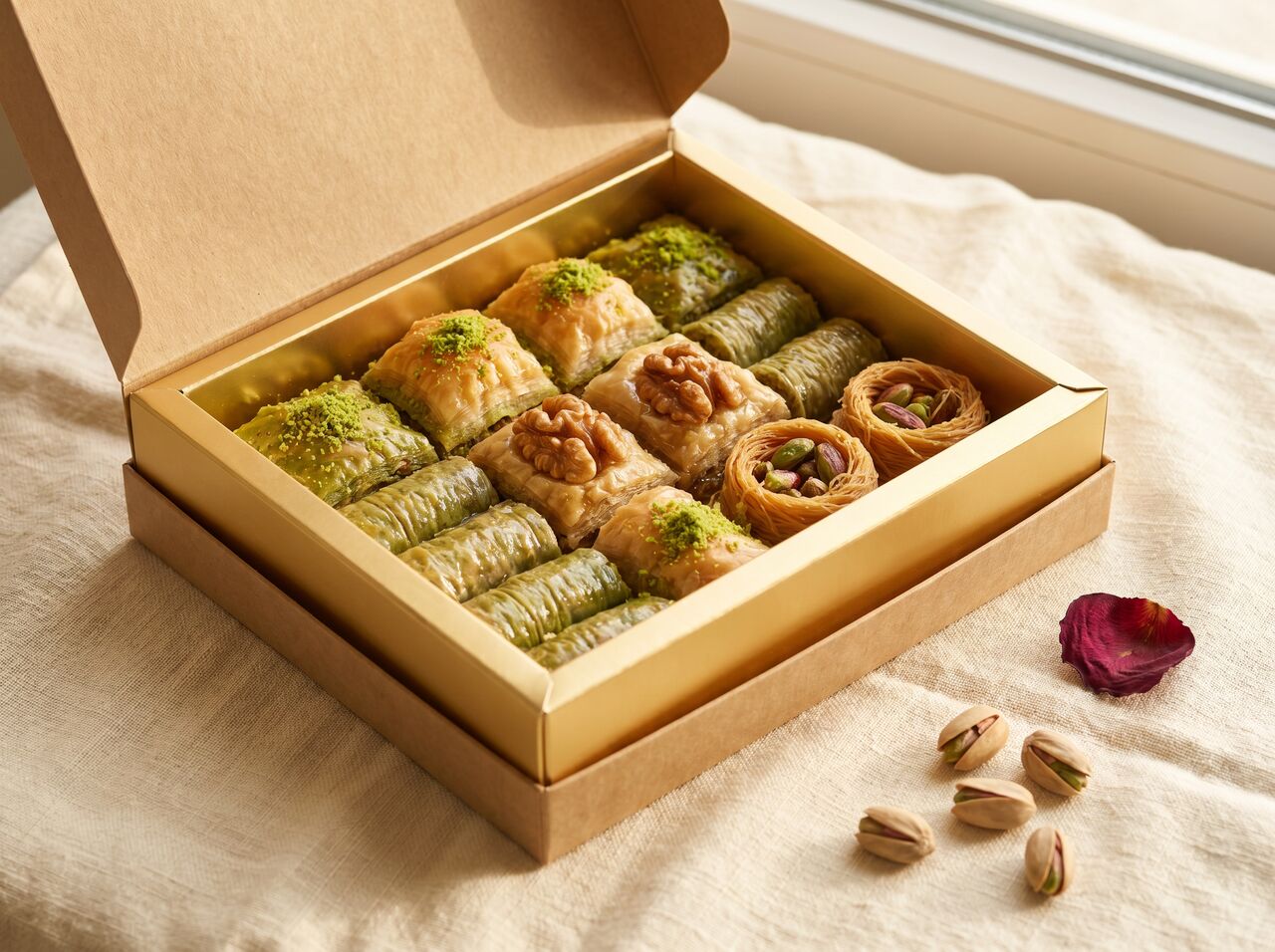 An open box of assorted Turkish baklava